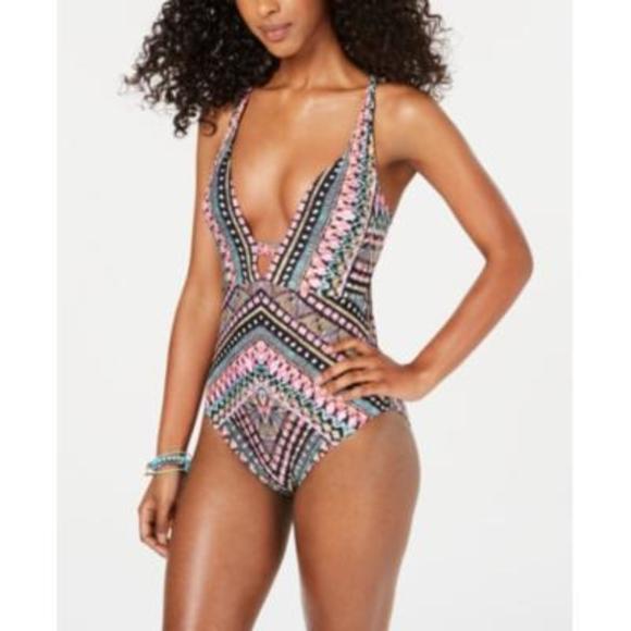 bar III Womens Printed Plunging One piece Tummy control Swimsuit - Picture 1 of 1